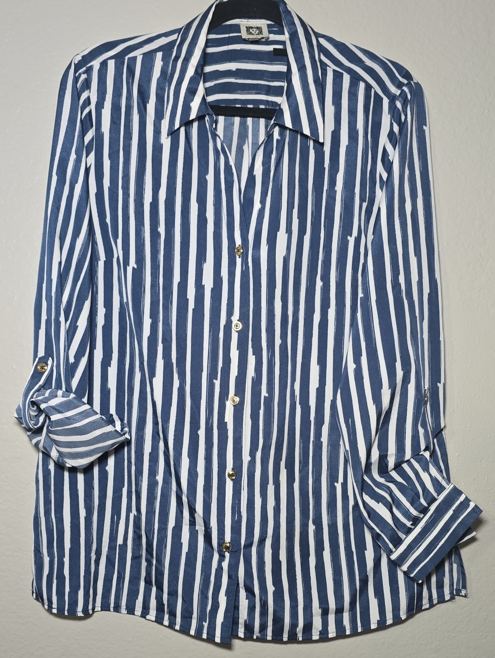 Anne Klein Blue and White Striped Button-Down Shirt